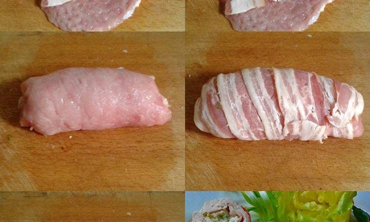 Duplán baconös karajszeletek zöld fűszeres mackósajttal megspékelve