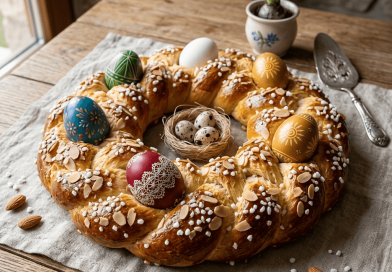 Aranybarnára sült, fényes húsvéti koszorúkalács egy rusztikus faasztalon, natúr vászonterítőn. A gazdagon font tésztát szeletelt mandula és fehér jégcukor díszíti. A kalács fonatai közé öt darab kézzel festett, hagyományos népi motívumokkal díszített piros, kék, zöld és sárga hímes tojás van beágyazva. A koszorú közepén egy apró, szalmából készült fészekben három fürjtojás pihen. A háttérben egy cserépben kék jácint látható, tavaszi hangulatot árasztva.