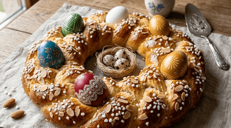 Aranybarnára sült, fényes húsvéti koszorúkalács egy rusztikus faasztalon, natúr vászonterítőn. A gazdagon font tésztát szeletelt mandula és fehér jégcukor díszíti. A kalács fonatai közé öt darab kézzel festett, hagyományos népi motívumokkal díszített piros, kék, zöld és sárga hímes tojás van beágyazva. A koszorú közepén egy apró, szalmából készült fészekben három fürjtojás pihen. A háttérben egy cserépben kék jácint látható, tavaszi hangulatot árasztva.