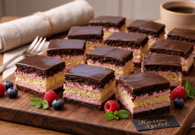 Rusztikus fa tálalódeszkán elrendezett tizenkét szelet Kassai szelet sütemény, melyeknek jól láthatóan váltakozó kakaós és puncskrémes rétegeik vannak, tetejükön fényes csokoládémázzal. A deszka körül friss málna-, áfonya- és mentalevelek vannak elszórva, a háttérben egy kávéscsésze, egy villa és egy szalvéta látható. Az előtérben egy kis fekete táblán "Kassai Szelet" felirat olvasható.