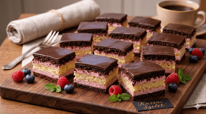 Rusztikus fa tálalódeszkán elrendezett tizenkét szelet Kassai szelet sütemény, melyeknek jól láthatóan váltakozó kakaós és puncskrémes rétegeik vannak, tetejükön fényes csokoládémázzal. A deszka körül friss málna-, áfonya- és mentalevelek vannak elszórva, a háttérben egy kávéscsésze, egy villa és egy szalvéta látható. Az előtérben egy kis fekete táblán "Kassai Szelet" felirat olvasható.