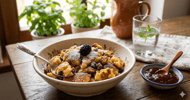 szépen elkészített és tálalt házi készítésű császármorzsa