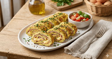 Friss petrezselyemmel megszórt, aranysárga tojásos tekercs szeletek egy fehér kerámia tálon elrendezve. A tekercsek belsejében tisztán látszanak a rózsaszín sonkaszeletek és a megolvadt sárga sajt rétegei. A háttérben friss kerti zöldségek és egy konyharuha látható természetes megvilágításban.