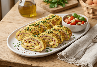 Friss petrezselyemmel megszórt, aranysárga tojásos tekercs szeletek egy fehér kerámia tálon elrendezve. A tekercsek belsejében tisztán látszanak a rózsaszín sonkaszeletek és a megolvadt sárga sajt rétegei. A háttérben friss kerti zöldségek és egy konyharuha látható természetes megvilágításban.