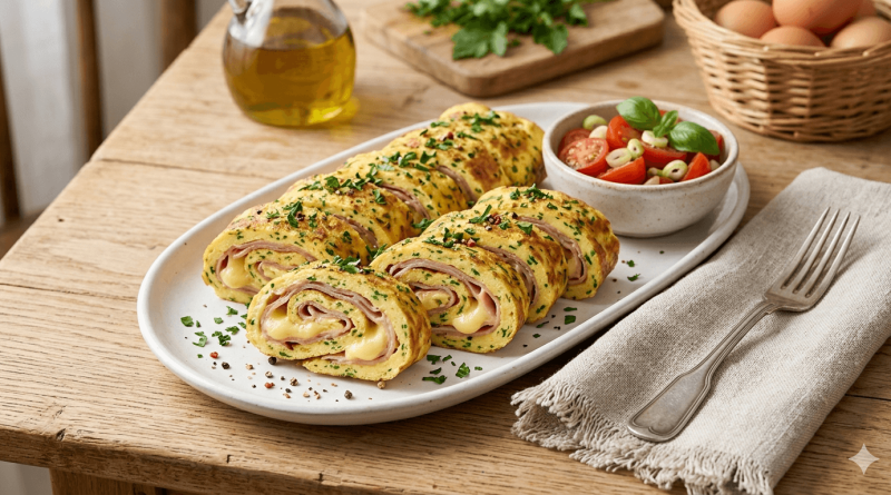 Friss petrezselyemmel megszórt, aranysárga tojásos tekercs szeletek egy fehér kerámia tálon elrendezve. A tekercsek belsejében tisztán látszanak a rózsaszín sonkaszeletek és a megolvadt sárga sajt rétegei. A háttérben friss kerti zöldségek és egy konyharuha látható természetes megvilágításban.