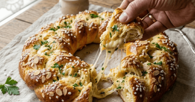 Közeli fotó egy aranyszínűre sült, fokhagymás-sajtos húsvéti koszorúkalácsról, amit egy rusztikus faasztalon tálaltak. Egy kéz éppen egy darabot tép le a foszlós, vajas tésztából, miközben a belsejéből bőségesen nyúlik a forró, olvadó sajt. A kalács teteje szeletelt mandulával, jégcukorral és friss, zöld petrezselyemmel van megszórva. A háttérben egy pohár fehérbor és egy tálka reszelt torma egészíti ki az ünnepi terítéket. A kép a textúrákra és a szaftos, sajtos belsőre fókuszál, ínycsiklandó hatást keltve.