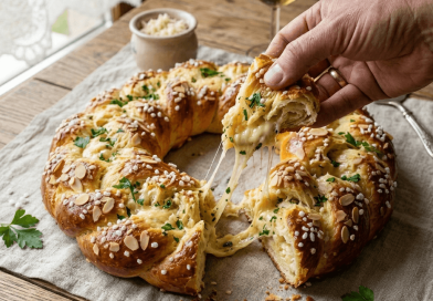 Közeli fotó egy aranyszínűre sült, fokhagymás-sajtos húsvéti koszorúkalácsról, amit egy rusztikus faasztalon tálaltak. Egy kéz éppen egy darabot tép le a foszlós, vajas tésztából, miközben a belsejéből bőségesen nyúlik a forró, olvadó sajt. A kalács teteje szeletelt mandulával, jégcukorral és friss, zöld petrezselyemmel van megszórva. A háttérben egy pohár fehérbor és egy tálka reszelt torma egészíti ki az ünnepi terítéket. A kép a textúrákra és a szaftos, sajtos belsőre fókuszál, ínycsiklandó hatást keltve.