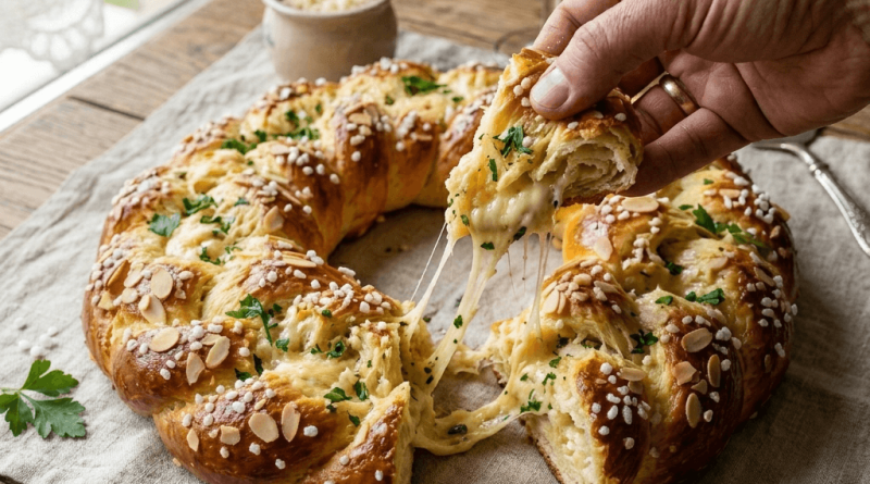 Közeli fotó egy aranyszínűre sült, fokhagymás-sajtos húsvéti koszorúkalácsról, amit egy rusztikus faasztalon tálaltak. Egy kéz éppen egy darabot tép le a foszlós, vajas tésztából, miközben a belsejéből bőségesen nyúlik a forró, olvadó sajt. A kalács teteje szeletelt mandulával, jégcukorral és friss, zöld petrezselyemmel van megszórva. A háttérben egy pohár fehérbor és egy tálka reszelt torma egészíti ki az ünnepi terítéket. A kép a textúrákra és a szaftos, sajtos belsőre fókuszál, ínycsiklandó hatást keltve.