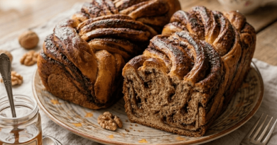 Frissen sült, foszlós kakaós ostoros kalács, aranybarna fonatokkal és karamellizálódott töltelékkel, rusztikus faasztalon.
