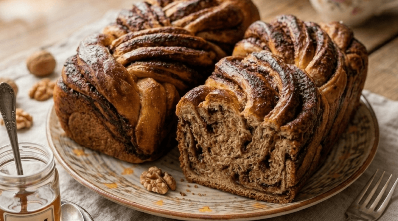 Frissen sült, foszlós kakaós ostoros kalács, aranybarna fonatokkal és karamellizálódott töltelékkel, rusztikus faasztalon.