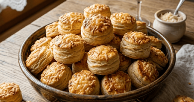 Halmozott, aranybarnára sült, réteges és foszlós sajtos pogácsák egy nagy, kézzel festett rusztikus kerámiatálban. A pogácsák tetején jól látható a rácsosan bevágott minta és a ráolvadt, pirult reszelt sajt. A tál egy kopottas, természetes faasztalon áll, mellette egy pohár fehérbor és egy kis tálka frissen reszelt torma látható. A háttérben lágy, természetes fény szűrődik be egy csipkefüggönyös ablakon keresztül, otthonos, vendégváró hangulatot árasztva.