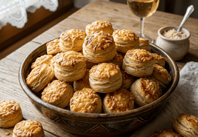 Halmozott, aranybarnára sült, réteges és foszlós sajtos pogácsák egy nagy, kézzel festett rusztikus kerámiatálban. A pogácsák tetején jól látható a rácsosan bevágott minta és a ráolvadt, pirult reszelt sajt. A tál egy kopottas, természetes faasztalon áll, mellette egy pohár fehérbor és egy kis tálka frissen reszelt torma látható. A háttérben lágy, természetes fény szűrődik be egy csipkefüggönyös ablakon keresztül, otthonos, vendégváró hangulatot árasztva.