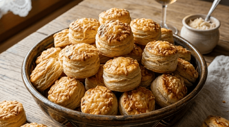 Halmozott, aranybarnára sült, réteges és foszlós sajtos pogácsák egy nagy, kézzel festett rusztikus kerámiatálban. A pogácsák tetején jól látható a rácsosan bevágott minta és a ráolvadt, pirult reszelt sajt. A tál egy kopottas, természetes faasztalon áll, mellette egy pohár fehérbor és egy kis tálka frissen reszelt torma látható. A háttérben lágy, természetes fény szűrődik be egy csipkefüggönyös ablakon keresztül, otthonos, vendégváró hangulatot árasztva.