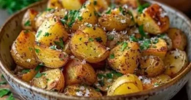 Sütőpapírral bélelt tepsiben sült, aranybarna krumpligerezdek friss rozmaringágakkal, fokhagymás-zöldfűszeres vajjal leöntve.