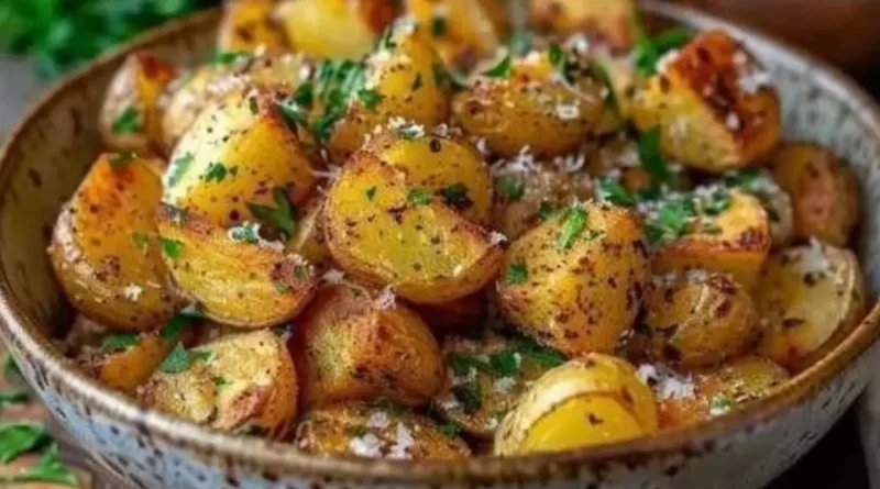 Sütőpapírral bélelt tepsiben sült, aranybarna krumpligerezdek friss rozmaringágakkal, fokhagymás-zöldfűszeres vajjal leöntve.