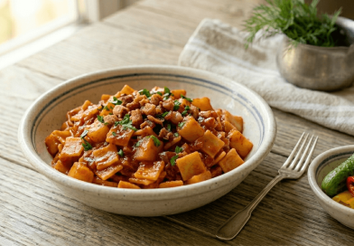 Szaftos házi krumplis tészta pirospaprikával és sült szalonnapörccel a tetején