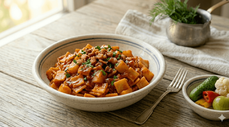 Szaftos házi krumplis tészta pirospaprikával és sült szalonnapörccel a tetején