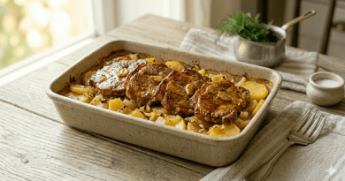 Szaftos tepsis tarja sült hagymával és pirosra sült krumpliágyon tálalva