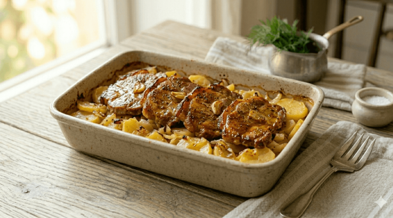 Szaftos tepsis tarja sült hagymával és pirosra sült krumpliágyon tálalva