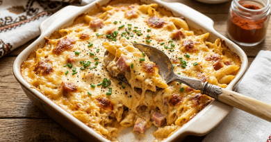 Aranybarnára sült, szaftos sonkás-sajtos rakott tészta egy fehér kerámia tepsiben, friss snidlinggel megszórva, tálalás közben egy fém kanállal kiemelve.