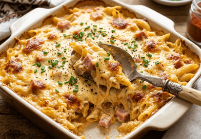 Aranybarnára sült, szaftos sonkás-sajtos rakott tészta egy fehér kerámia tepsiben, friss snidlinggel megszórva, tálalás közben egy fém kanállal kiemelve.