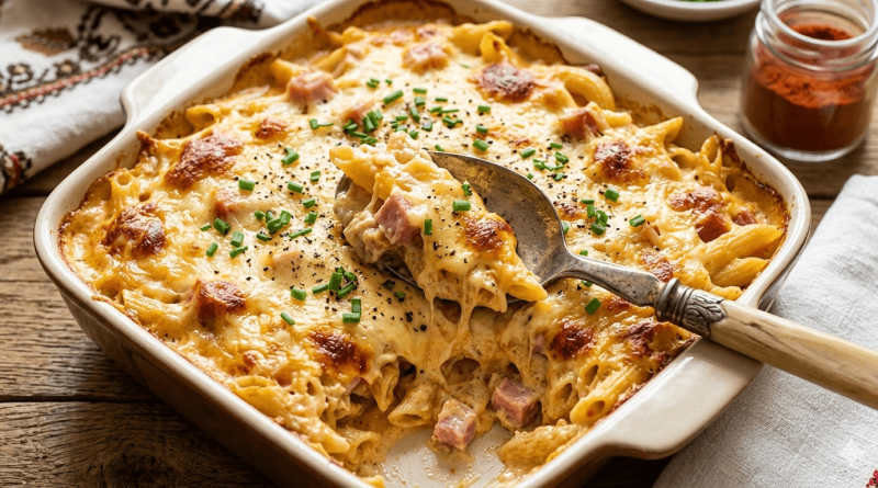 Aranybarnára sült, szaftos sonkás-sajtos rakott tészta egy fehér kerámia tepsiben, friss snidlinggel megszórva, tálalás közben egy fém kanállal kiemelve.