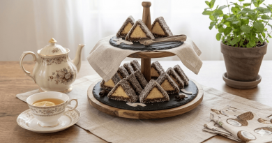 Egy kétszintes süteményes állványon kókuszos-csokoládés piskótaháromszögek sorakoznak, kókuszreszelékbe forgatva. Mellette egy teáscsésze citromos teával és egy vintage stílusú teáskanna látható.