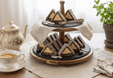 Egy kétszintes süteményes állványon kókuszos-csokoládés piskótaháromszögek sorakoznak, kókuszreszelékbe forgatva. Mellette egy teáscsésze citromos teával és egy vintage stílusú teáskanna látható.