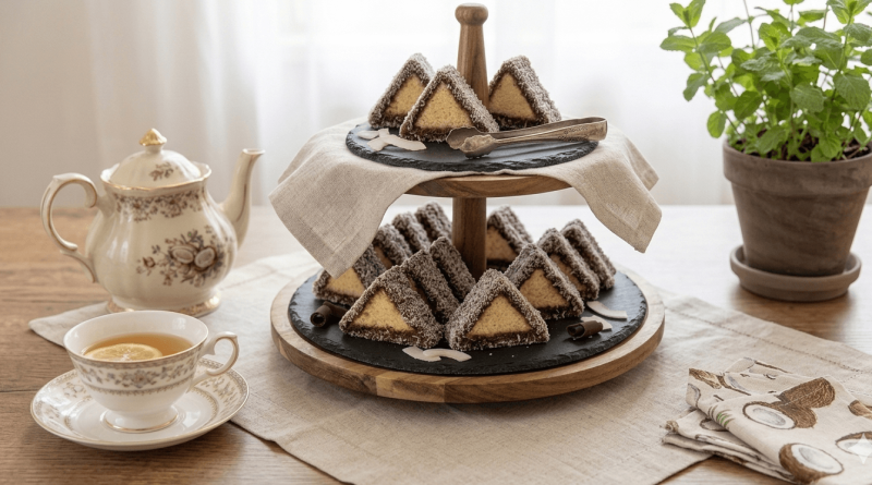 Egy kétszintes süteményes állványon kókuszos-csokoládés piskótaháromszögek sorakoznak, kókuszreszelékbe forgatva. Mellette egy teáscsésze citromos teával és egy vintage stílusú teáskanna látható.