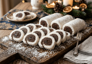 Kókuszrolád készítése: a felső képen a fehér kókuszos masszára helyezett barna kakaós henger látható fólián, az alsó képen pedig a kész, felszeletelt, kerek kókuszos sütemények fekete tálon.