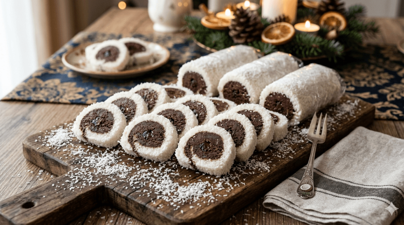 Kókuszrolád készítése: a felső képen a fehér kókuszos masszára helyezett barna kakaós henger látható fólián, az alsó képen pedig a kész, felszeletelt, kerek kókuszos sütemények fekete tálon.