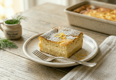 Aranybarna szórt túrós süti tepsiben tálalva, szaftos túróréteggel