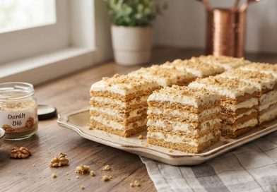 Házias diós-tejfölös szelet (Foi cu nuci): Omlós lapok gazdag krémmel