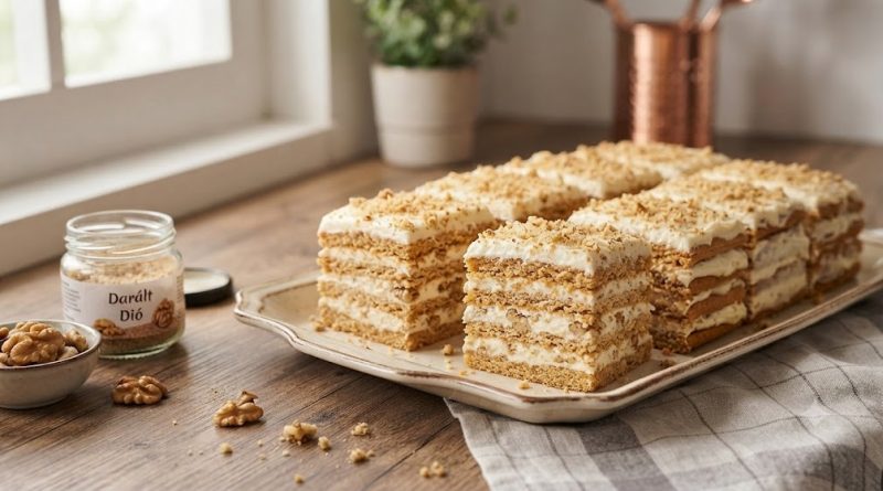 Házias diós-tejfölös szelet (Foi cu nuci): Omlós lapok gazdag krémmel
