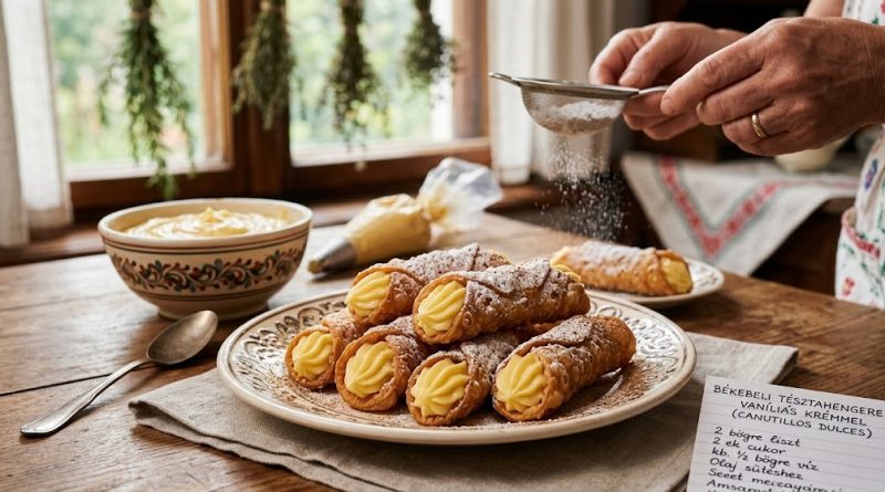 Békebeli tésztahengerek vaníliás krémmel (Canutillos Dulces)